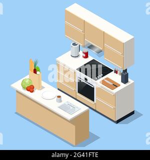 Interno cucina minimalista isometrico con mobili da pranzo su un pavimento. Interni cucina moderna con isola. Illustrazione Vettoriale