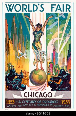 Fiera mondiale di Chicago. Un secolo di progresso 1833-1933 di Glen C. Sheffer (1881-1948). Poster vintage restaurato pubblicato nel 1933 negli Stati Uniti. Foto Stock