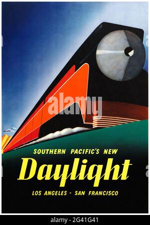 Il nuovo giorno del Pacifico meridionale. Los Angeles-San Francisco di Sam Hyde Harris (1889-1977). Poster vintage restaurato pubblicato nel 1937 negli Stati Uniti. Foto Stock