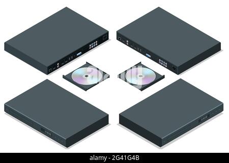 Lettore Blu-ray isometrico con disco, isolato. Lettore DVD che espelle il disco con telecomando isolato su sfondo bianco Illustrazione Vettoriale