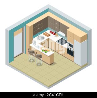 Interno cucina minimalista isometrico con mobili da pranzo su un pavimento. Interni moderni con cucina e sala da pranzo combinati. Illustrazione Vettoriale