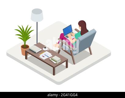 Donna isometrica che lavora a casa con computer portatile e documenti sulla scrivania. Concetto freelance o di studio. Pagina iniziale del modulo di lavoro per riunioni online. Ufficio domestico. Illustrazione Vettoriale