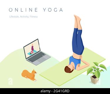 Giovane donna sportiva isometrica che pratica lo yoga. Istruttore di fitness che tiene lezioni di yoga online su una videochiamata in un computer portatile. Concetto di vita sana. Illustrazione Vettoriale