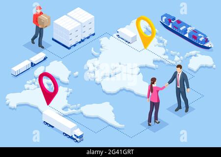 Rete logistica globale. Illustrazione vettoriale isometrica 3d piatta. Set di trasporto ferroviario di autocarri di carico aereo trasporto marittimo. Consegna puntuale Illustrazione Vettoriale