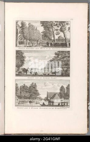 Volti su Gasthuislaan, Leidsevaart e Zuider Spaarne a Haarlem; Invisient Bezuiden Den Hout, nel Gasthuis Laan / guarda da Leidse Vaart / cercando di 't Zuider Spaarne, dopo la torta estiva. Tre spettacoli. Al piano superiore: De Gasthuislaan a Haarlem a sud del Haarlemmerhout. Medio: Vista del Leidsevaart a Haarlem. Sotto: Vista dello Zuider Spaarne alla torta estiva di Haarlem. Questa stampa fa parte di un album. Foto Stock