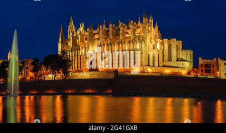 Cattedrale di la Seu all'ora blu, Palma di Maiorca, Isole Baleari, Spagna Foto Stock