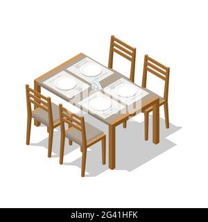 Tavolo da pranzo isometrico in legno con quattro sedie isolate su bianco. Cena al ristorante. Illustrazione vettoriale in stile piatto isolata su sfondo bianco Illustrazione Vettoriale