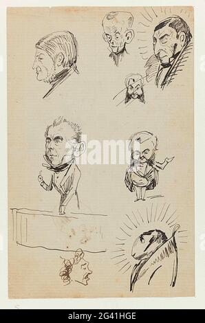 Foglia con caricature. Foglio con caricature di uomini diversi, probabilmente membri mentali e ministri. Studi preliminari per cartoni politici nello specchio di gufo. Foto Stock