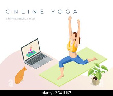 Giovane donna sportiva isometrica che pratica lo yoga. Istruttore di fitness che tiene lezioni di yoga online su una videochiamata in un computer portatile. Concetto di vita sana. Illustrazione Vettoriale