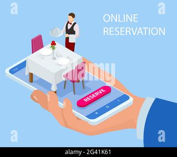 Tavolo riservato online nel ristorante. Concetto riservato nel caffè. Concetto isometrico di prenotazione online tavolo, prenotazione mobile. Illustrazione Vettoriale