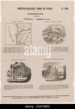 Portogallo. - 3,500,000 abitanti; magazzino stampa per i giovani; Geografia. Foglio con 4 mostra sul Portogallo con una mappa e importanti edifici: Il Praça do Comércio a Lisbona, il tempio romano a Évora e il Palazzo di Mafra. Sopra ogni mostra un titolo e sotto ogni performance una didascalia. Numerato in alto a destra: N. 160. Foto Stock