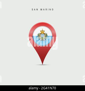 Cartografia a goccia con bandiera di San Marino. Bandiera Most Serene Republic inserita nel pin della mappa della posizione. Illustrazione vettoriale isolata su ba grigio chiaro Illustrazione Vettoriale