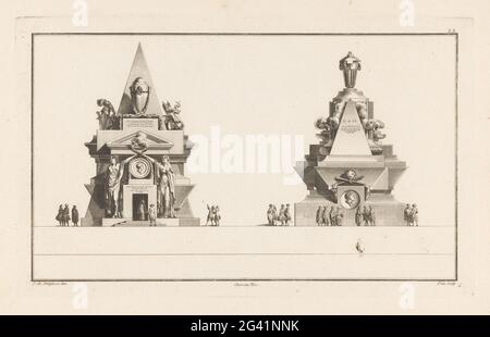 Due tombe; 35th Cahier LL Cahier de Vases, Fontaines et Tombeaux; IIe Volume de l'oeuvre de J. CH. Delafosse (...). A sinistra una tomba con un ingresso, due donne con torce su entrambi i lati di un medaglione rotondo con ritratto e profil, armi con casco e corona e un'urna. A destra una tomba con medaglione rotondo con ritratto e profil, un cranio rialzato con torce, canne fumogene e un'urna. Foto Stock