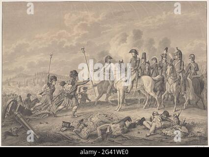 Duke van Wellington riceve due standard conquistati a Waterloo durante la Battaglia di Waterloo, nel 1815. Il Duca di Wellington riceve da alcuni soldati scozzesi gli standard conquistati durante la battaglia di Waterloo due sui francesi con aquile (senza bandiere), 18 giugno 1815. Centro di De Hertog su un cavallo bianco circondato dal suo staff. In primo piano ci sono alcuni soldati caduti. Vedere anche il telecomando. Foto Stock