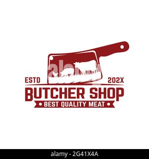 Coltello di carne con un simbolo di pollo di maiale alla mucca. Adatto per macellerie, macellerie, gastronomia, carni bovine, mercato, modello di design con logo Hipster retro d'epoca. Illustrazione Vettoriale