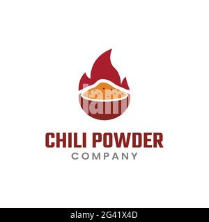 Chili in polvere in una ciotola con logo Flaming Flat Design. Una miscela di spezie fatta da peperoncini secchi macinati e un certo numero di altre spezie. Illustrazione Vettoriale