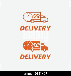 Carrello per consegne con timer orologio in linea a due stili e modello di design con logo solido. Adatto per spedizione rapida di merci di trasporto di merci di trasporto Illustrazione Vettoriale