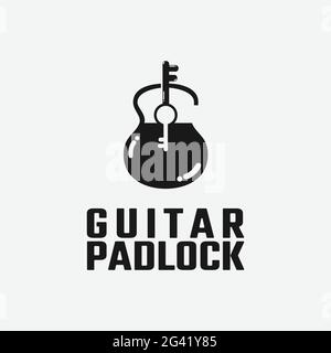 Guitar Padlock Logo Design Template.il logo consiste di una chitarra che forma un lucchetto e due tasti. Adatto per la musica o la protezione del marchio aziendale Illustrazione Vettoriale