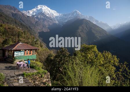 Nel villaggio di Chomrong, Nepal, Himalaya, Asia. Foto Stock