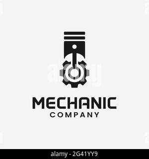 Ingranaggio e pistone per il modello di progettazione del logo meccanico. Adatto per le attività di officina di manutenzione di macchinari automobilistici Illustrazione Vettoriale