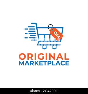 Carrello della spesa con modello di design con logo etichetta. Adatto per l'e-commerce online Negozio di vendita al dettaglio mercato Supermarket Business Brand Simple Modern Illustrazione Vettoriale