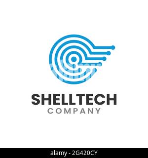 Modello di progettazione del logo Nautilus Shell Circuit Technology. Adatto per IT Tech Technology Internet Digital Media Company Business Corporate Brand Modern Illustrazione Vettoriale