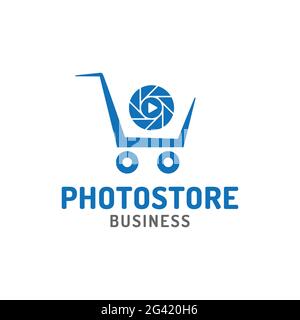 Carrello della spesa con modello di design con logo dell'obiettivo della fotocamera. Adatto per Photo Media Digital Finance Shop Market Store Company Business Brand Simple Modern Illustrazione Vettoriale