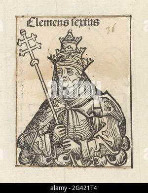Controparte clemens VII; Clemens sextus; Liber chronicarum. Un celco di fiori con un papa. Indossa una tiara e ha un bastone con una doppia croce in mano. Lo spettacolo fa parte della sequenza pop nel Liber Chronicarum. Il testo identifica l'uomo come controstagno Clemens VII (nel titolo chiamato Clemens VI). La stampa fa parte di un album. Foto Stock
