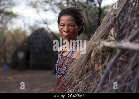 Ritratti di persone dai Boscimani Naro Tribe. Il Botswana ospita circa 63,500 San, che rappresentano circa il 2.8% della popolazione del paese, il che lo rende il paese con la più alta popolazione di San. I popoli di San (anche Saan), o Boscimani, sono membri di vari gruppi di cacciatori-raccoglitori indigeni di lingua khoe, Tuu, o Kxʼa, che sono le prime nazioni dell'Africa del Sud. Botswana. Foto Stock