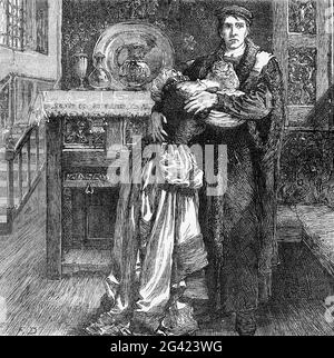 Incisione di una giovane donna in lacrime mentre la sua fidanzata si prepara a partire, circa 1550, da una pubblicazione datata 1878 Foto Stock