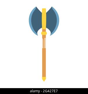 Icona del simbolo dell'arma in legno per l'illustrazione vettoriale degli attrezzi AX. Attrezzatura pesante per armi da guerriero a lama d'ascia. Maniglia ex oggetto appuntito. Cartoon silhouette vik Illustrazione Vettoriale