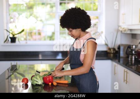 Donna afroamericana in cucina che prepara il cibo Foto Stock