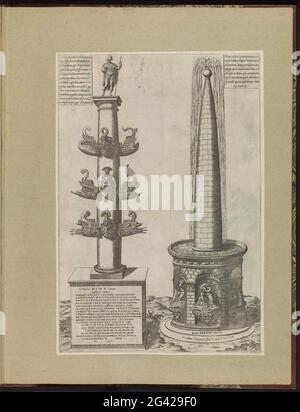 Columna rostrata e Meta Sudans; Speculum Romanae Magnificentiae. A sinistra: La colonna rostrata, una colonna onoraria con decorazioni in forma di Voorstevens sormontare le navi Carth Day, fondata sul Foro Romano in onore di Gaio Duilio. A destra: Il Meta Sudans, una fontana monumentale che sorgeva sulla piazza a sud-ovest del Colosseo. A sinistra e in alto a destra con il testo. La stampa fa parte di un album. Foto Stock