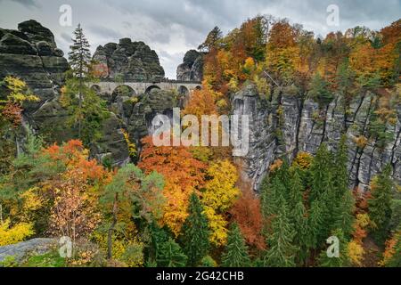 Umore autunnale al Bastei, Bastei, Saxon Svizzera Parco Nazionale, Saxon Svizzera, Elbe arenaria, Sassonia, Germania Foto Stock