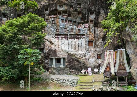 Le tombe rupestri e le gallerie con Tau Tau di Lemo sono una delle principali attrazioni di Tana Toraja Foto Stock