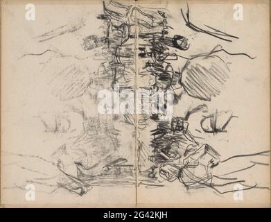 Vista di un affollato Rokin ad Amsterdam. Vista di un affollato Rokin ad Amsterdam. Pagina 37 e pagina 38 da un libro di schizzi con 46 fogli prodotto ad Amsterdam. Foto Stock