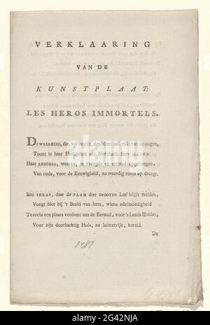 Dichiarazione in forma fresca alla stampa: Eroi immortali, 1787; Dichiarazione della targa artificiale: Les Heros Immortels. Foglio di testo con una spiegazione in forma inversa della presentazione della stampa con l'allegoria sul recupero di Stadholder Willem V nel 1787. Foglio a doppia piegatura con cinque coppie. Foto Stock