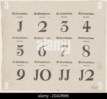 Numero carta al gioco del battello a vapore, circa 1823-1829. Foglio di testo con la carta numeri 1-12 per il gioco da tavolo chiamato Steamboat game. Parte di un gruppo di giochi per bambini e compagni stampati nel periodo ca. 1750-1850. Foto Stock