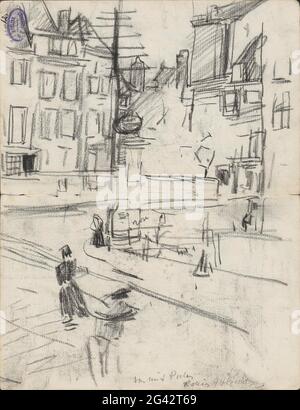 Edifici al Beurspleintje di Amsterdam, visti dall'Hotel Poland (Rokin 14). Una colonna pubblicitaria al centro. Foto Stock