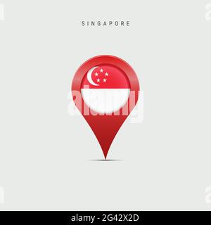 Cartografia a goccia con bandiera di Singapore. Flag singaporiano inserito nel pin della mappa della posizione. Illustrazione isolata su sfondo grigio chiaro. Foto Stock