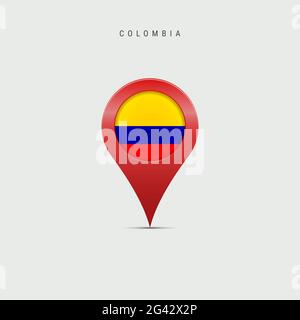 Cartografia a goccia con bandiera della Colombia. Indicatore colombiano inserito nel pin della mappa della posizione. Illustrazione isolata su sfondo grigio chiaro. Foto Stock