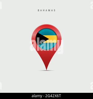 Cartografia a goccia con bandiera delle Bahamas. Bandiera delle Bahamas inserita nel pin della mappa della posizione. Illustrazione isolata su sfondo grigio chiaro. Foto Stock