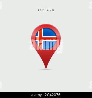 Cartografia a goccia con bandiera dell'Islanda. Flag islandese inserito nel pin della mappa di localizzazione. Illustrazione isolata su sfondo grigio chiaro. Foto Stock