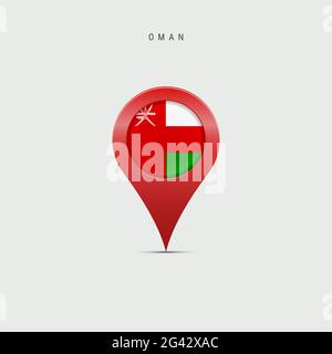 Pennarello a goccia con bandiera di Oman. Flag Omani inserito nel pin della mappa di posizione. Illustrazione isolata su sfondo grigio chiaro. Foto Stock