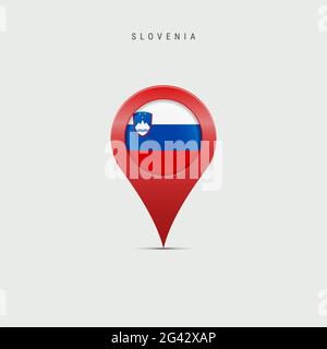 Cartografia a goccia con bandiera della Slovenia. Indicatore sloveno inserito nel pin della mappa della posizione. Illustrazione isolata su sfondo grigio chiaro. Foto Stock