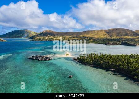 Vista aerea di sandbar e isole, Sawa-i-Lau Island, Yasawa Group, Isole Fiji, Sud Pacifico Foto Stock