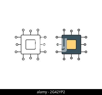 Contorno del chip e icona del contorno riempito isolata su sfondo bianco Foto Stock