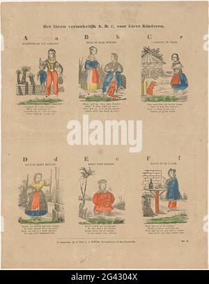 Il nuovo intrattenimento A, B, C, per cari bambini. Foglia con 6 rappresentazioni delle lettere dell'alfabeto (A-F) illustrate con bambini da gioco i cui nomi con la lettera corrispondente. Sotto ogni immagine un'immagine fresca a quattro righe e sopra ogni immagine un titolo. Numerato in basso a destra: N. 8. Foto Stock