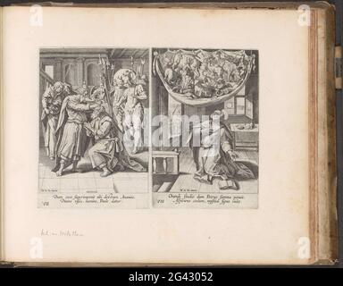 Ananias guarisce la cecità della visione di Paulus / Petrus degli animali impuri; atti degli Apostoli; Den Grooten Emblemata Sacra, composta da oltre quattrocento da figure Belsche, come des vecchi come des Nieuwen Testaments. Due esibizioni su una rivista di album. A sinistra c'è anania per Paolo inginocchiato e lo guarisce a mano mettendo la sua cecità. Sulla destra, Simone prega nella casa di Simone il tanner. Sopra di lui un foglio con tutti i tipi di specie animali impuro. Ha ricevuto l'ordine tre volte di macellare e mangiare gli animali, ma ha rifiutato. Sotto entrambi mostra una didascalia a due zampe in Lat Foto Stock