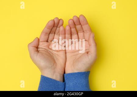 Due mani femminili ripiegate da palmo a palmo su sfondo giallo Foto Stock